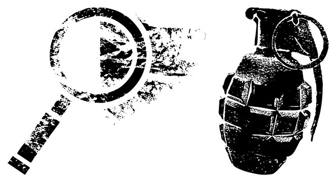 Distressed black stencil featuring a classic fragging device and a magnifying glass. This gritty piece, showing a hand grenade and a loupe, uses heavy texture for a raw, investigative look.