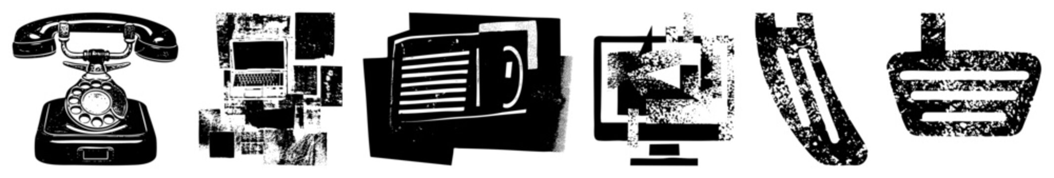 Distressed collection of analog devices featuring a rotary phone, old, and vintage computer monitors. This grainy collage of tech relics and cathode ray tubes uses heavy halftone texture