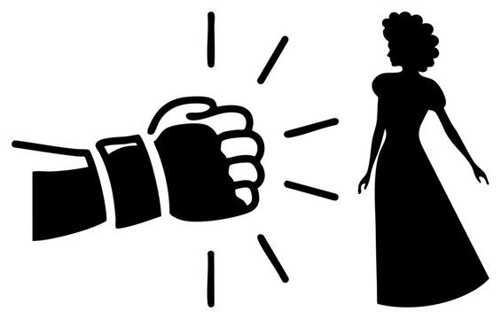 Stark silhouette featuring a clenched fist or brawler hand facing a lady figure. This stencil style depicts a confrontation between a heavy punch and a slender female form.
