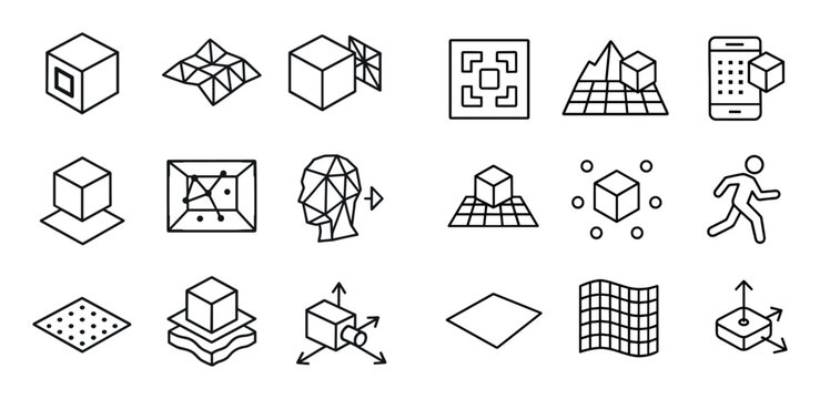 3d modeling icons with cube grid plane outline