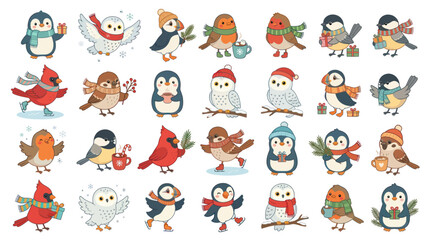 Fototapeta premium Cute Cartoon Winter Holiday Birds Vector Illustration Set. Adorable Festive Animals Collection