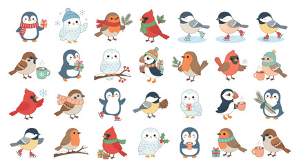 Obraz premium Cute Cartoon Vector Winter Birds and Penguins Illustration Set for Christmas Holiday Season