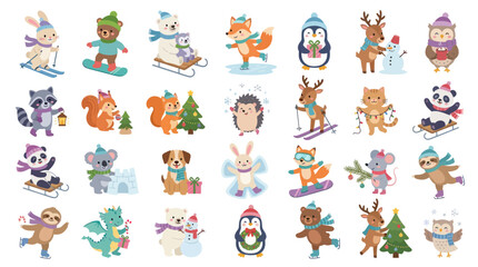 Obraz premium Cute Christmas Winter Holiday Animals Vector Set - Flat Cartoon Characters Skiing, Skating Sledding