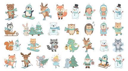 Fototapeta premium Cute Flat Vector Winter Holiday Cartoon Characters and Animals Illustration Set