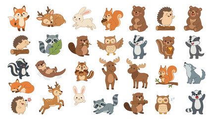 Obraz premium Cute Forest Animals Cartoon Vector Illustration, Woodland Creatures Set