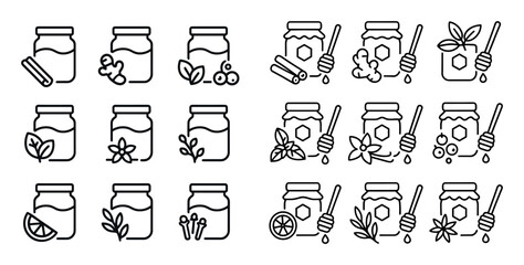 Fototapeta premium Food icons with jar dipper leaf outline
