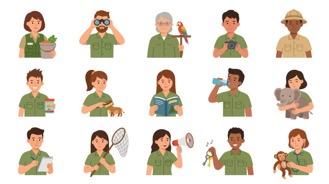 Flat Vector Icons of Diverse Zookeepers with Animals and Equipment