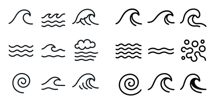 Ocean icons with wave swirl ripple outline