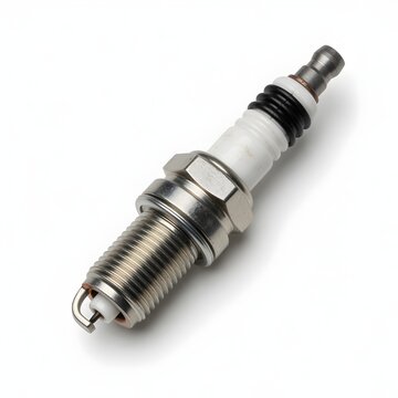 Single spark plug for internal combustion engine, metallic screw base, white ceramic insulator and electrode tip.