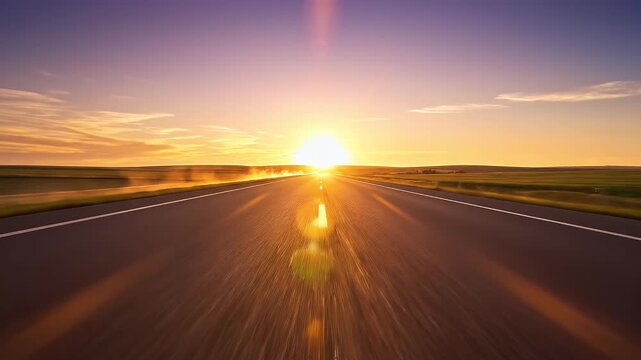 A desolate highway stretches into a vibrant sunset over rolling plains