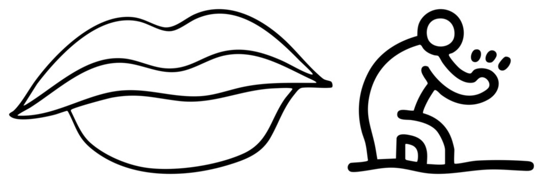 This simple drawing a pair of fleshy maw shapes alongside a human silhouette performing a hand motion. The and manikin represent basic human anatomy in a clean stencil style.
