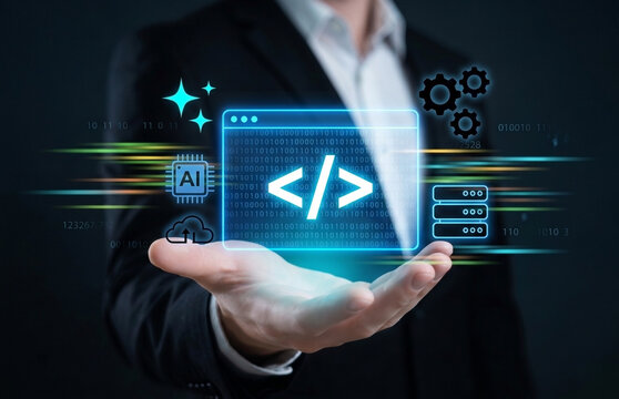 
Low code no code development and programming concept with professional presenting virtual coding ai automation, cloud computing, and software integration for efficient application development