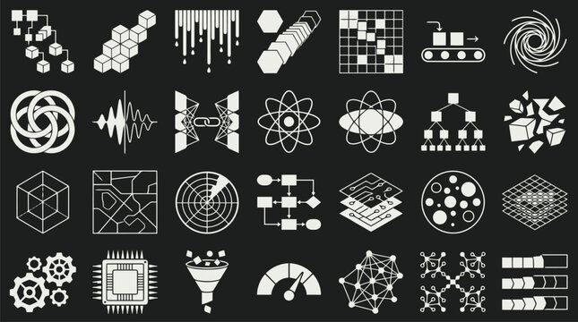 Abstract Technology and Data Science Infographic Vector Icon Set for Software Development, Artificial Intelligence Systems & Digital Analytics (EPS)