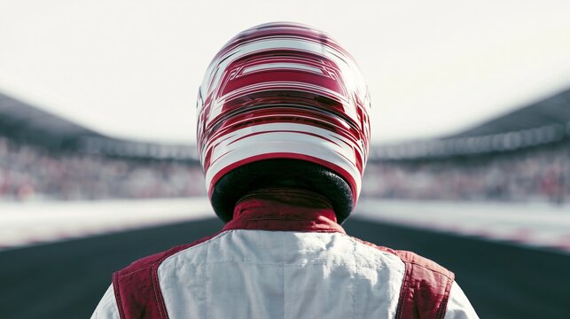Racing driver in full suit and helmet stands with back to camera, looking towards racetrack with grandstands in the background, ready for competition