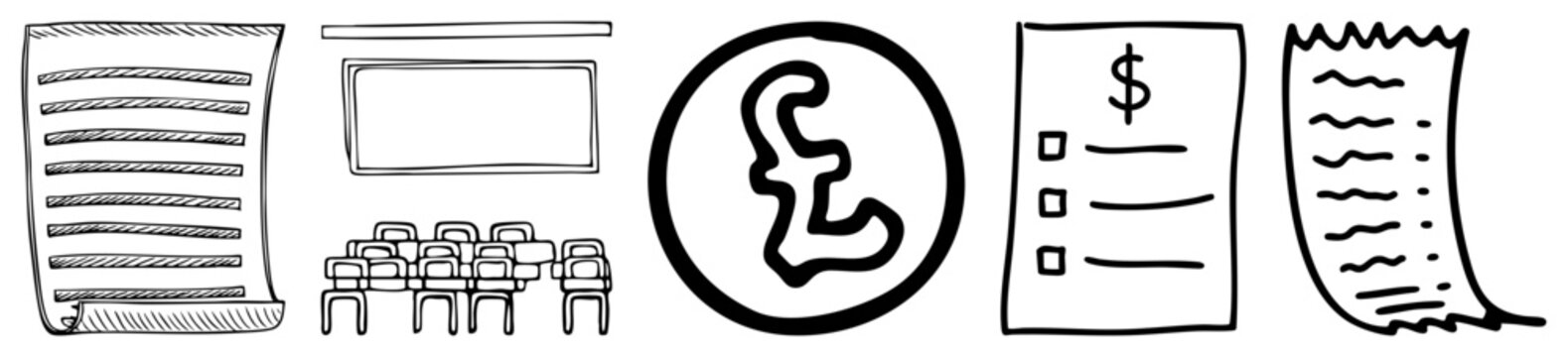 Collection of doodle style accounting elements featuring a pound sterling sign, a dollar bill list, and various scribble sheets. These scribble notes and ledger scraps help track money.