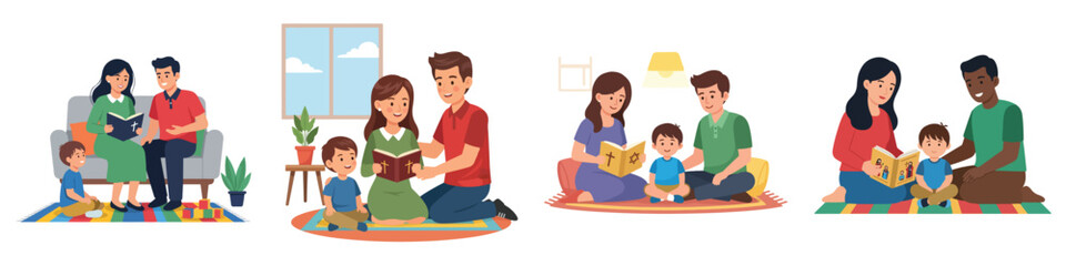 Obraz premium Flat vector illustration of a young child learning religious values from parents at home, family spirituality theme,