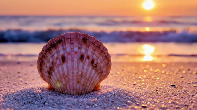 A solitary seashell rests on sand as the sun sets over the ocean waves