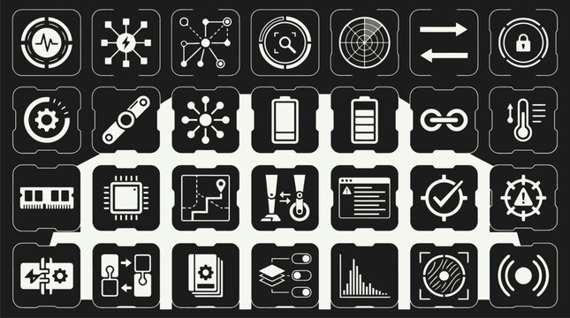 Futuristic Technology Interface HUD Vector Icon Set for Digital Dashboards, Software Development & Cyber Security Systems (EPS)