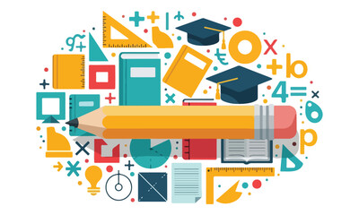 Fototapeta premium School Supplies and Education Icons Flat Vector Illustration