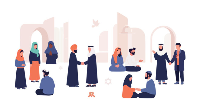 Flat design illustration of various people standing in rows for community worship, concept of interfaith harmony and solidarity, minimalist vector, plain white backdrop, borderless.