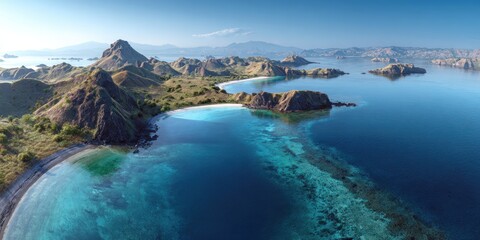 Fototapeta premium Coastal landscape with mountains and turquoise water under clear blue sky
