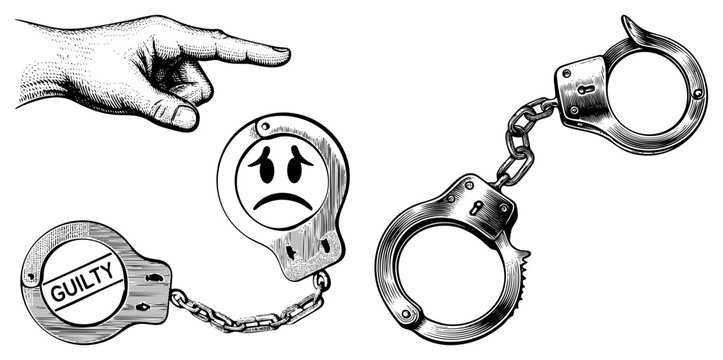 Human hand points toward a pair of sad manacles and a set of steel cuffs labeled guilty. This etching depicts a person in cuffs and law enforcement restraints in a vintage woodcut style.