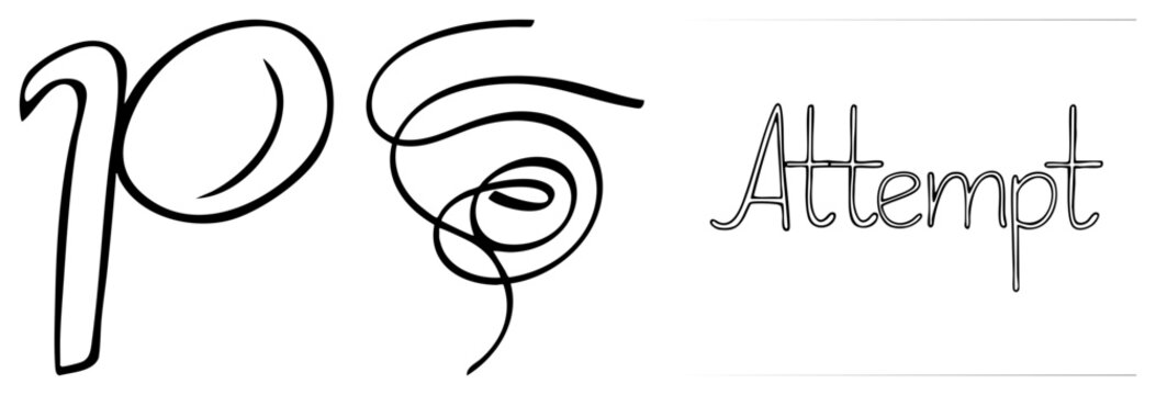Minimalist black ink calligraphy featuring the word attempt alongside a stylized letter p and flowing scribble. This hand lettered script and ink doodle set offers organic motion.