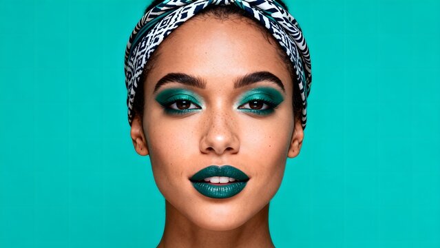 Woman with teal makeup and patterned headband