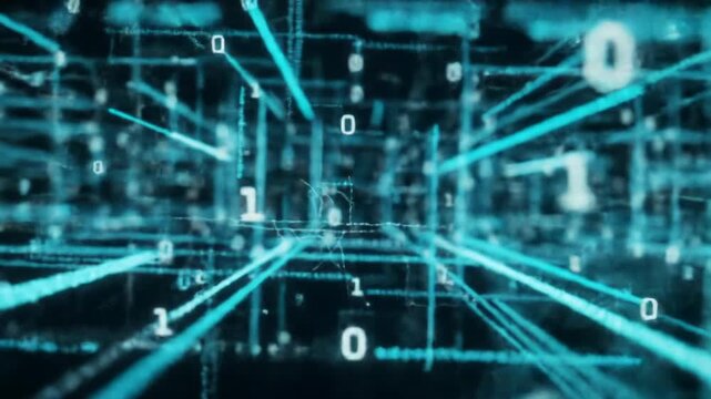 Immersive tracking video through vast abstract digital network. Luminescent cyan, electric blue binary code, geometric symbols flow with razor-sharp clarity, foreground data streams, infinite abyss,
