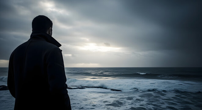 A man in a dark coat standing on the shore looking out at the turbulent ocean under a dramatic cloudy sky at dusk