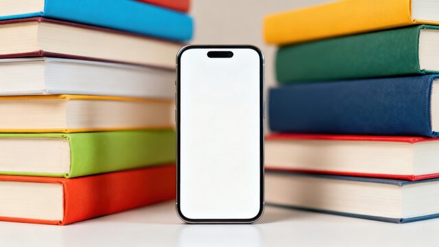 Smartphone between stacks of colorful books