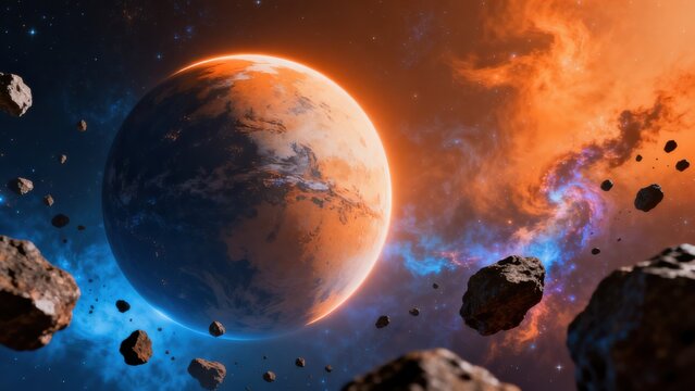 Planet in space with asteroids