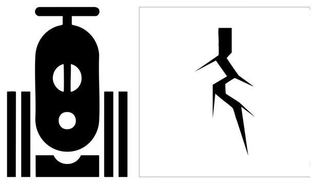 Stark black tractor or farm implement sits beside a sharp lightning bolt. This tractor silhouette and thunderbolt glyph feature a bold stencil style for high impact visual design.