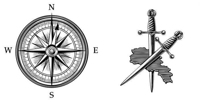 Detailed woodcut style nautical wind rose alongside blades and a landmass. This maritime mariners star and cutlass set provides a classic seafaring aesthetic.