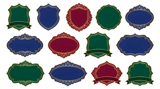 Set of elegant vintage frames and shields with gold borders isolated on transparent background
