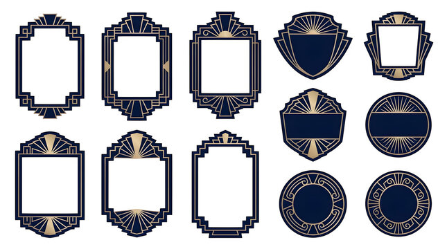 Set of art deco style frames and badges with geometric gold and navy blue patterns isolated on transparent background