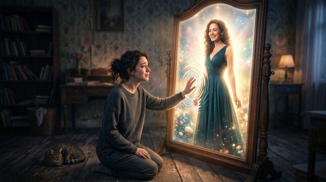 Woman kneeling beside a magical mirror with a glowing reflection