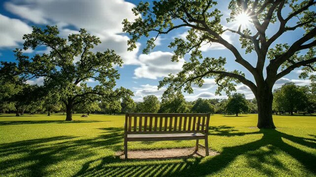 A wooden park bench sits on a lush green lawn under a large oak tree with bright sunbeams