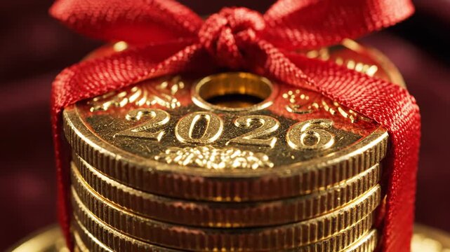 Stack of Golden Feng Shui Coins Tied with Red Ribbon Embossed with 2026