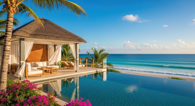 Luxury beachside gazebo with infinity pool overlooking ocean under blue sky