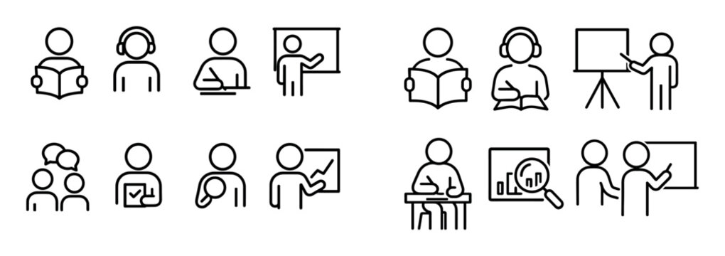 Education icons with reader teacher presentation outline