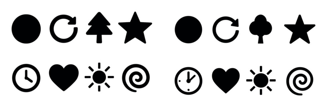 Basic icons with circle star clock heart outline