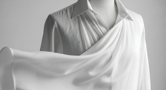 Woman wearing a white collared shirt with fabric draping over her shoulder in a soft gray light