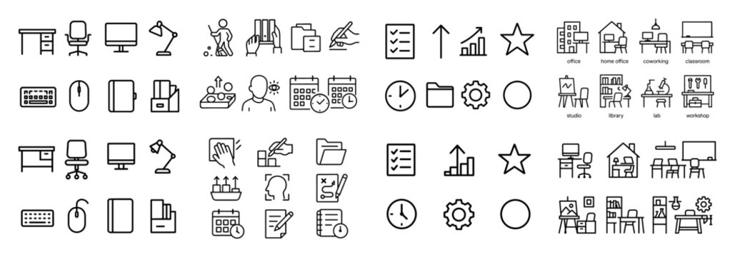 Office icons with desk computer lamp outline