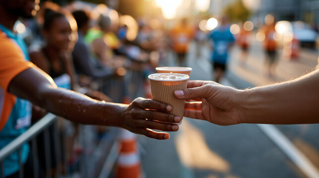Volunteers stretch cups of water for amateur half marathon runners on a sunny city street with motion sweat and community spirit