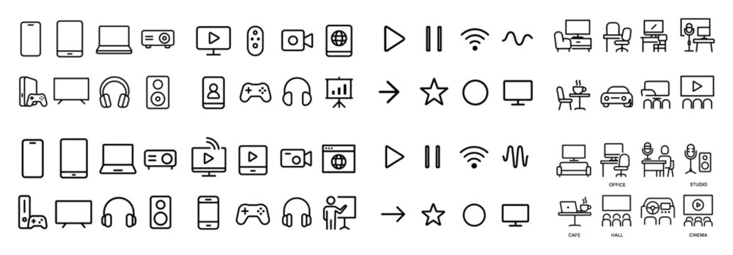 Media icons with phone laptop and play outline