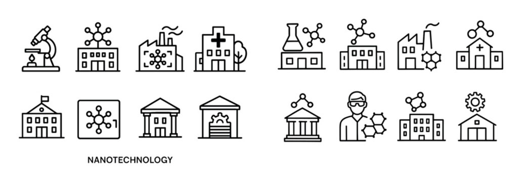 Nanotech icons with microscope flask factory line