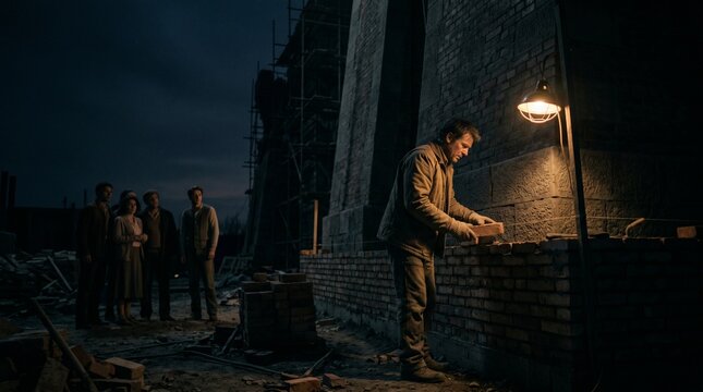 Man building brick wall at night with onlookers