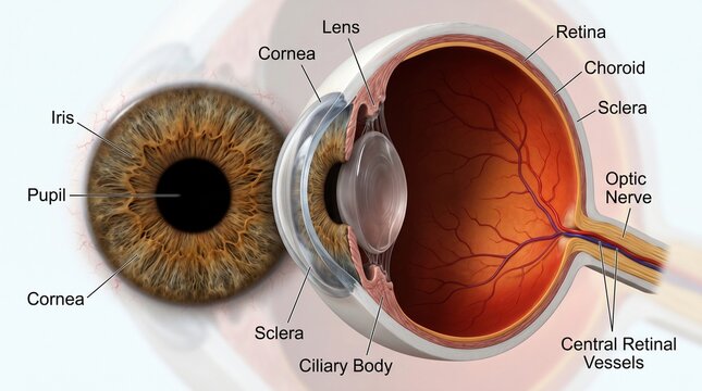photorealistic medical illustration showcasing the complex anatomy of the human eye. This cross-sectional diagram highlights and labels essential internal structures, including the cornea, iris, lens.