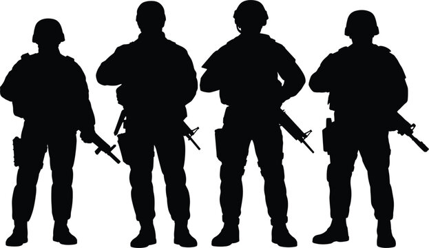 Armed military soldiers standing in formation tactical defense force silhouette vector
